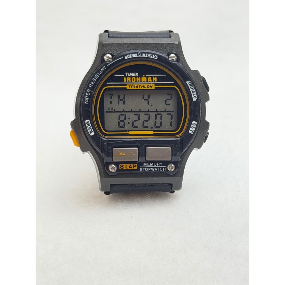 Vintage 1995 Timex Ironman 8-Lap Triathlon Watch - Black/Gold - Indiglo - N9